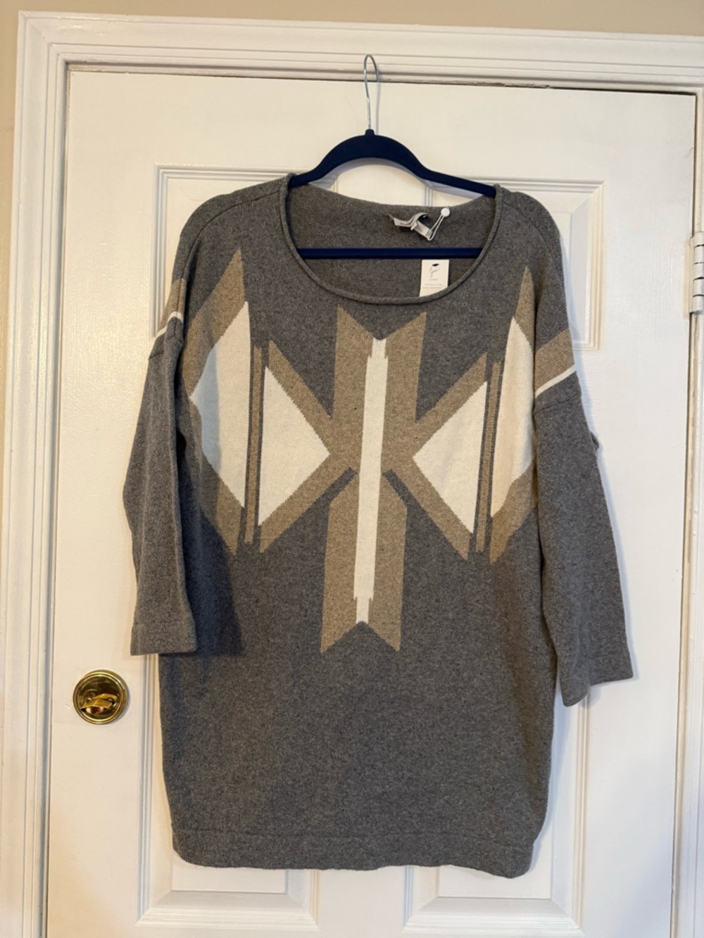 Joie Gray Crewneck Sweater With Cream & Tan Geometric Pattern